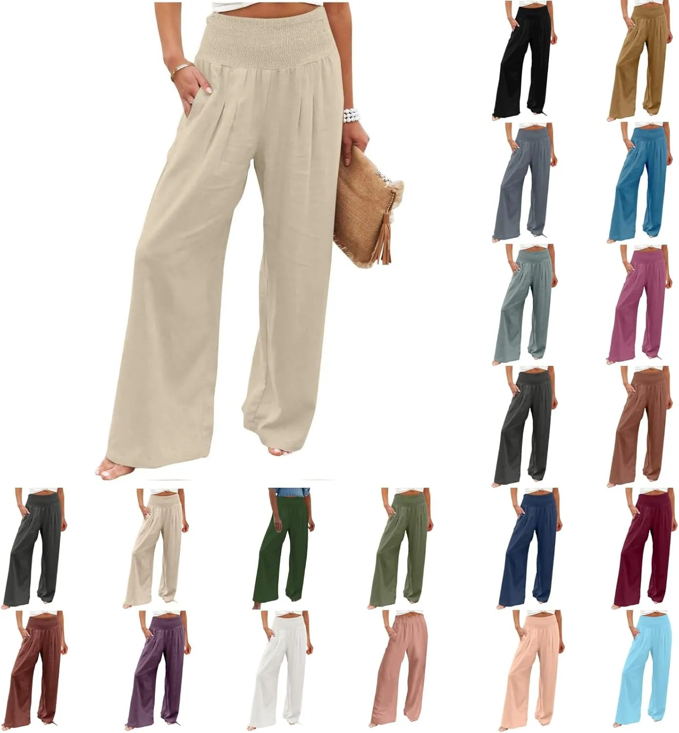 Linen Pants Women Summer Wide Leg Palazzo Pants High Waisted Casual Lounge Loose Beach Trousers with Pockets