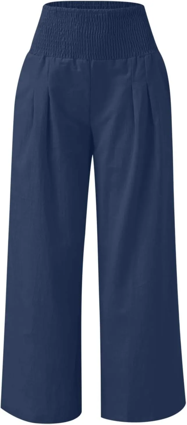 Linen Pants Women Summer Wide Leg Palazzo Pants High Waisted Casual Lounge Loose Beach Trousers with Pockets