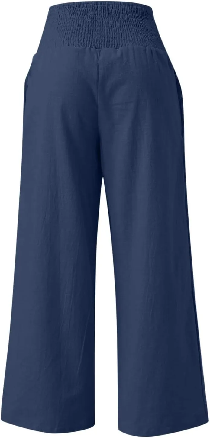Linen Pants Women Summer Wide Leg Palazzo Pants High Waisted Casual Lounge Loose Beach Trousers with Pockets