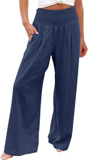 Linen Pants Women Summer Wide Leg Palazzo Pants High Waisted Casual Lounge Loose Beach Trousers with Pockets