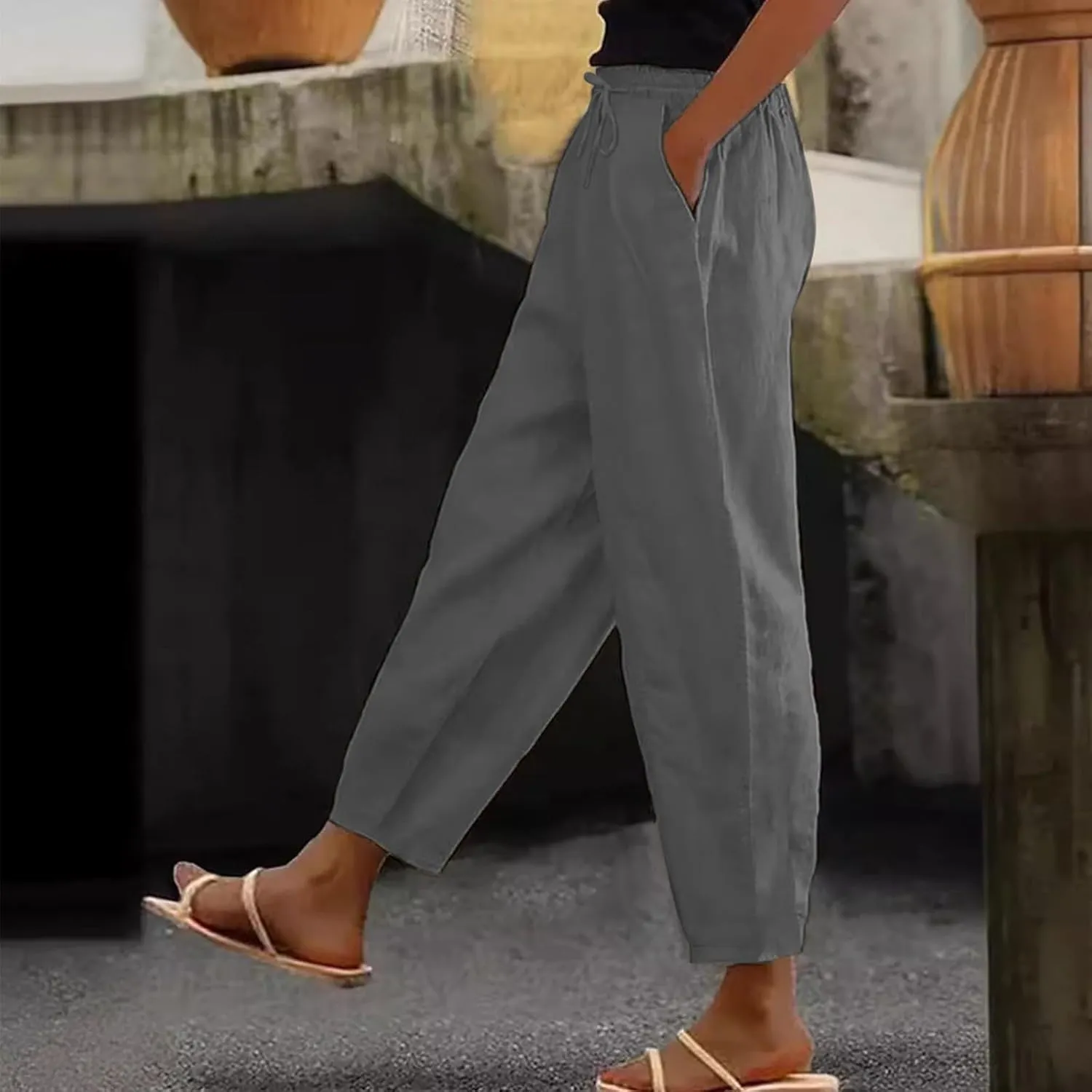 Linen Pants Women with Pockets Straight Leg Slim Fit Slacks High Elastic Waist Drawstring Palazzo Pants