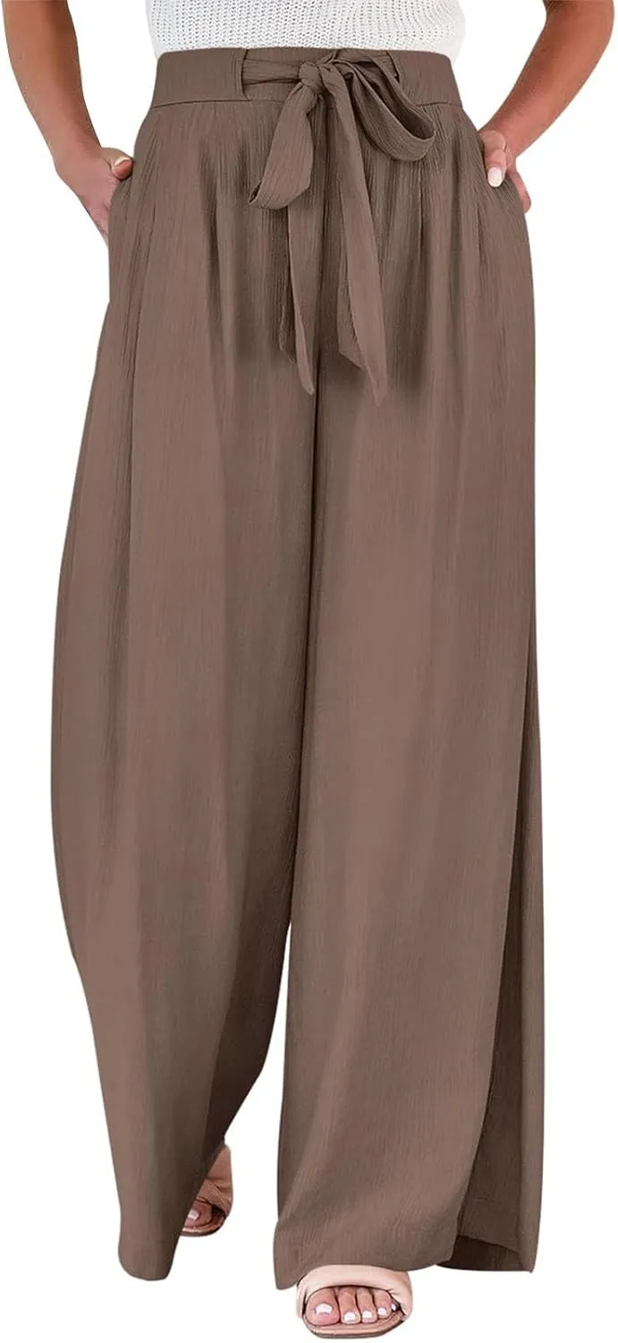 Linen Petite Pants for Women High Waisted Lounge, White Wide Leg Pants for Women Dressy Straight Leg Trousers