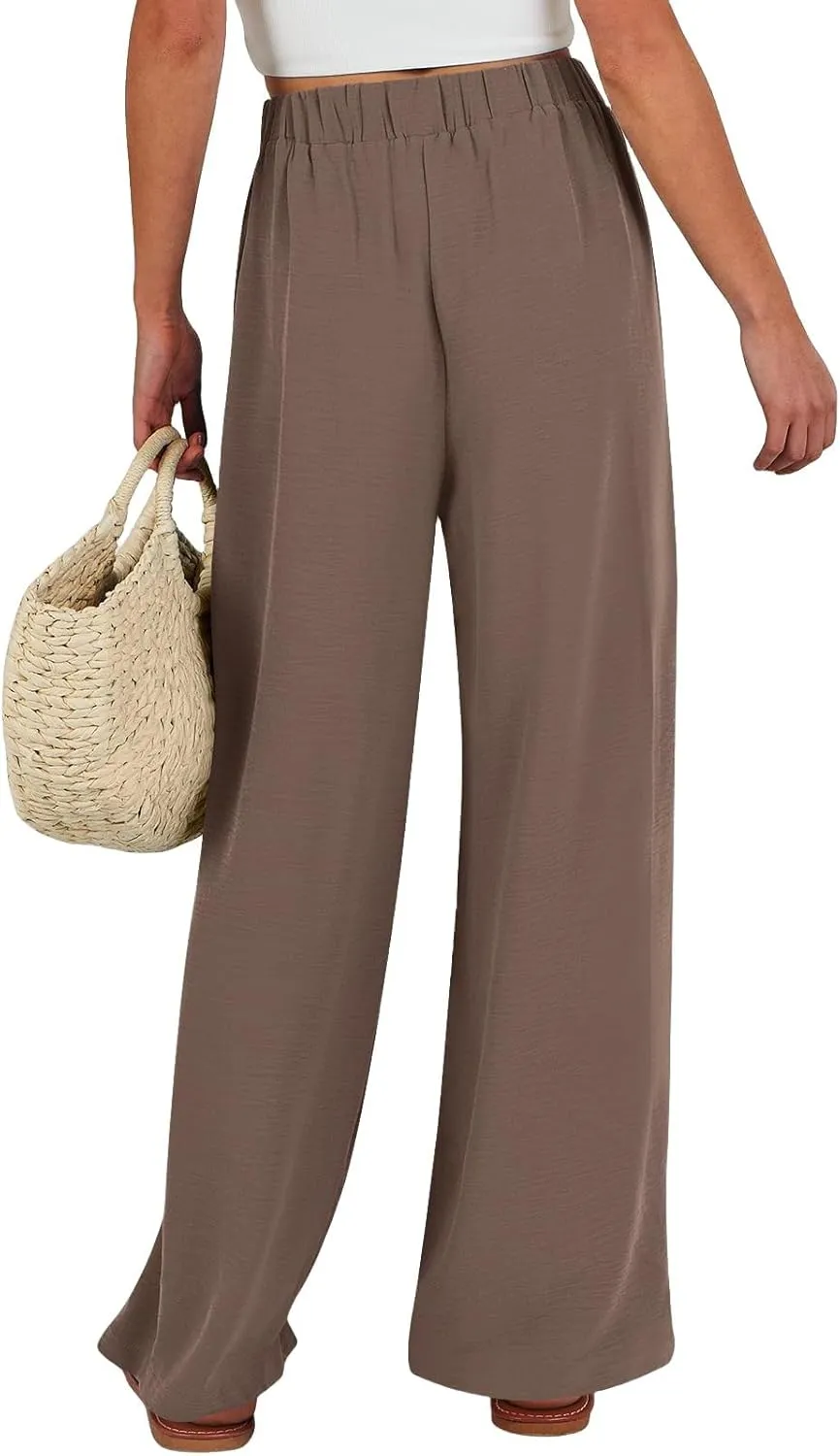 Linen Petite Pants for Women High Waisted Lounge, White Wide Leg Pants for Women Dressy Straight Leg Trousers