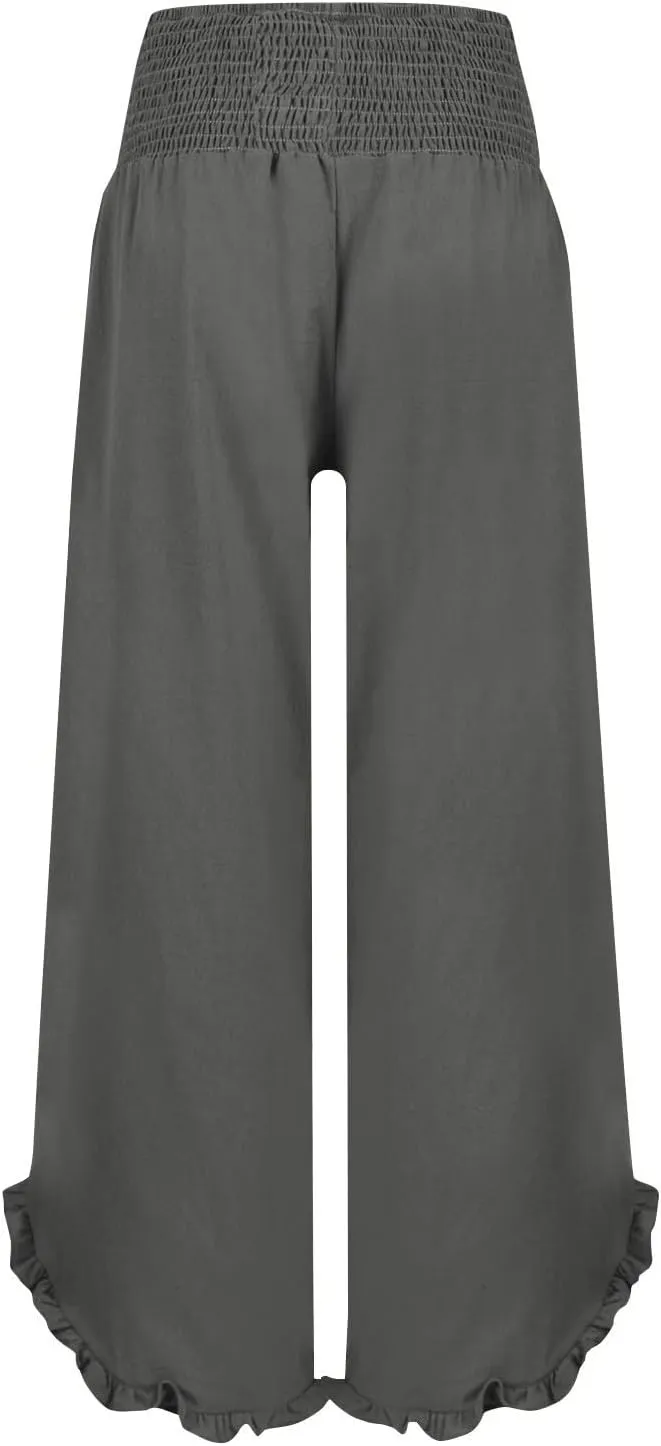 Linen Wide Leg Pants for Women Smocked Elastic Waist Flowy Lounge Pants Summer Casual Beach Ruffle Hem Palazzo Pants