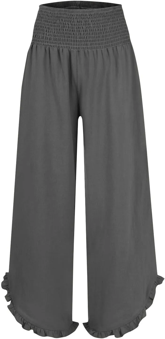 Linen Wide Leg Pants for Women Smocked Elastic Waist Flowy Lounge Pants Summer Casual Beach Ruffle Hem Palazzo Pants