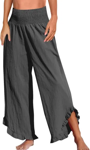 Linen Wide Leg Pants for Women Smocked Elastic Waist Flowy Lounge Pants Summer Casual Beach Ruffle Hem Palazzo Pants