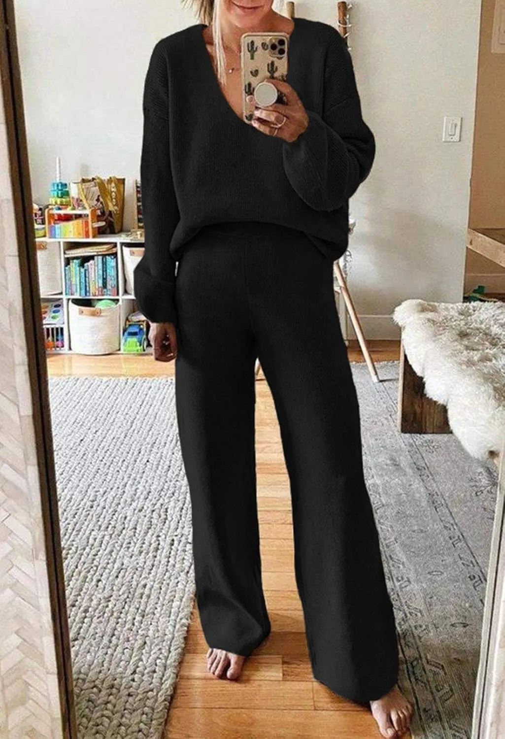 Linsery Women 2 Piece Knit Set Long Sleeve Pullover Sweater Top Wide Leg Pant Sweatsuit Outfits
