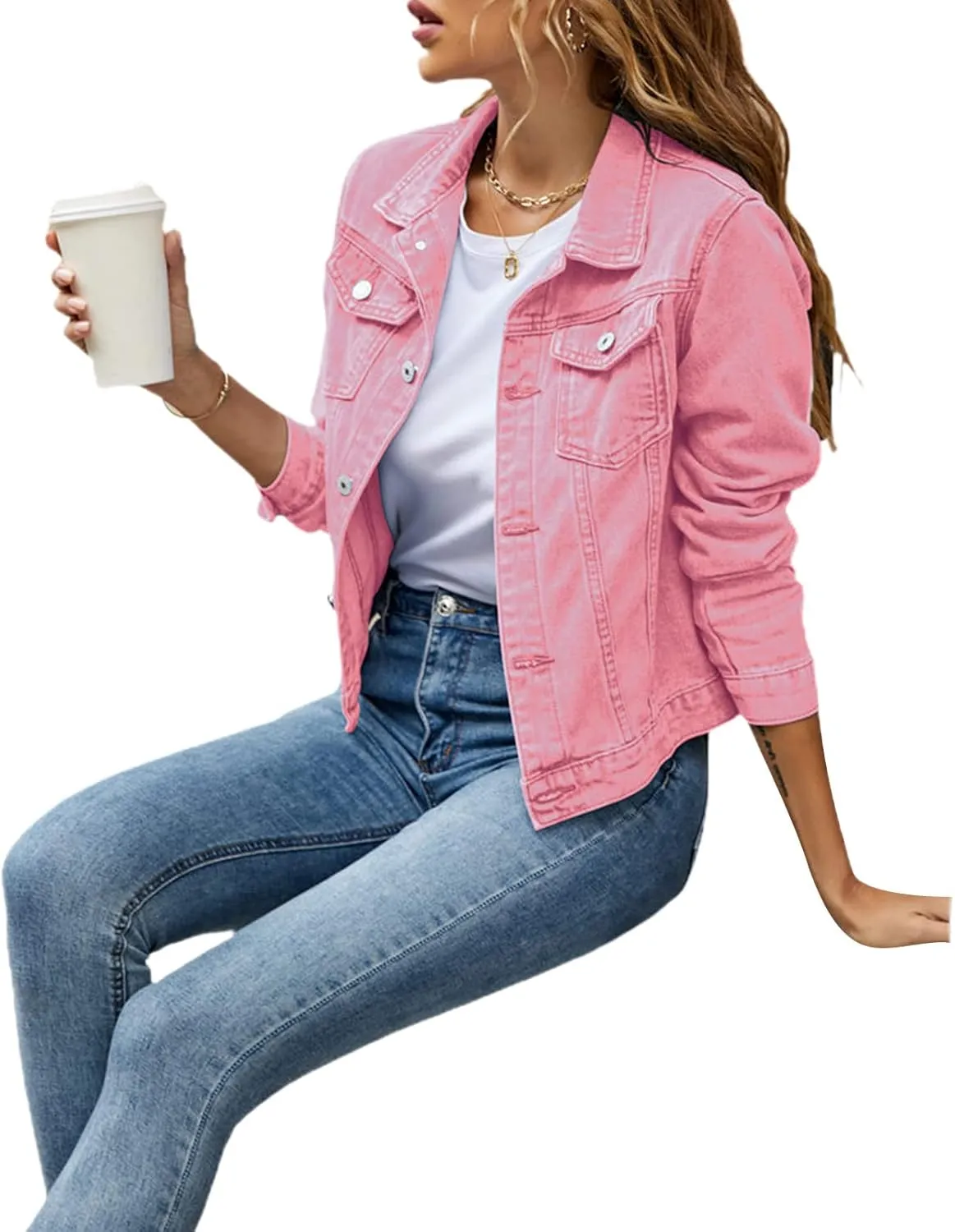 lisenraIn Jean Jackets for Women Fashion Basic Long Sleeve Button Down Denim Jacket Lightweight Cropped Jean Jacket