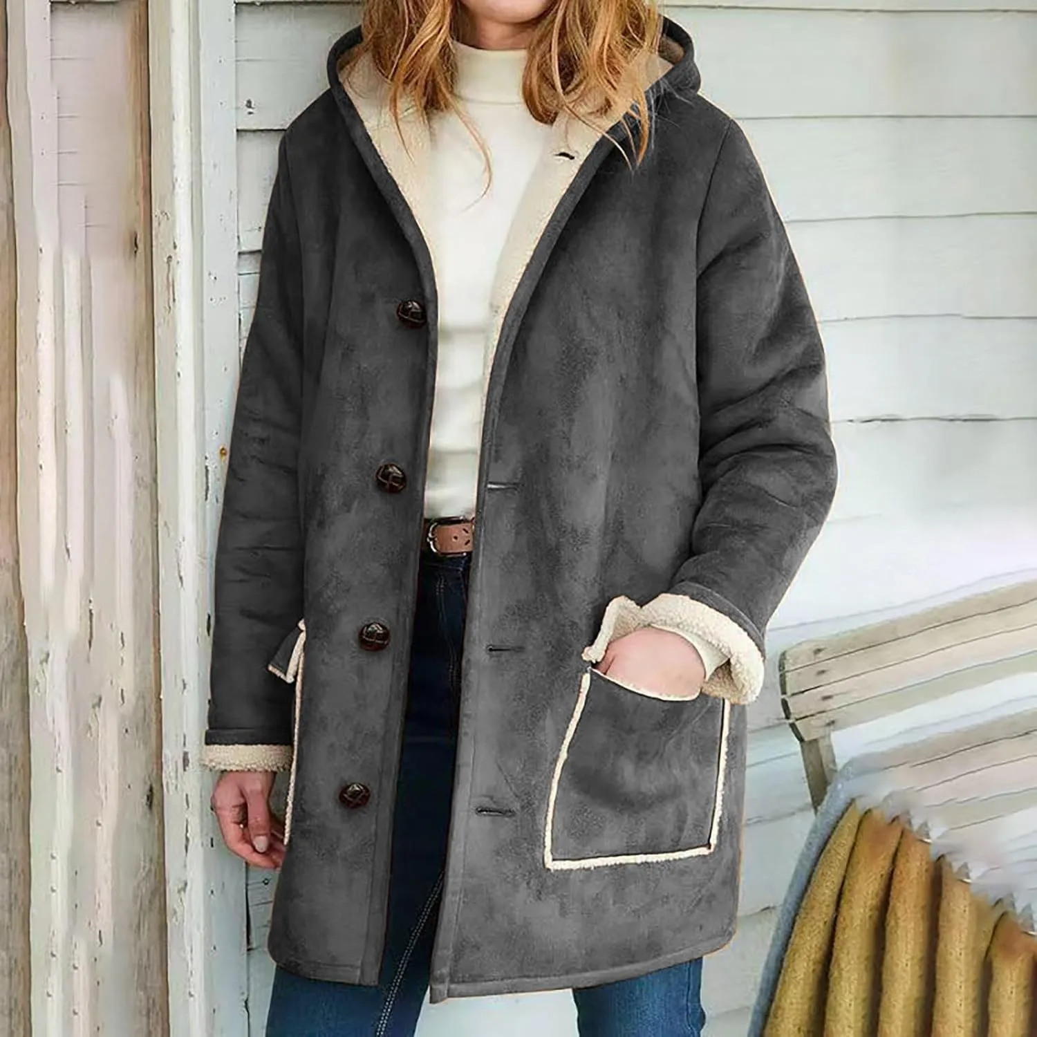 Litetao Womens Winter Coats Plus Size Fuzzy Long Sleeve Shirts Soft Winter Warm Hooded Jacket Outerwear With Pocket