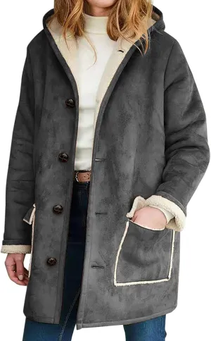 Litetao Womens Winter Coats Plus Size Fuzzy Long Sleeve Shirts Soft Winter Warm Hooded Jacket Outerwear With Pocket