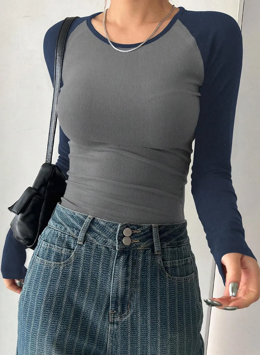 LOLONG Womens Long Sleeve Crewneck Color Block Shirts 2024 Basic Casual Fitted Tee Ribbed Knit Slim Tops