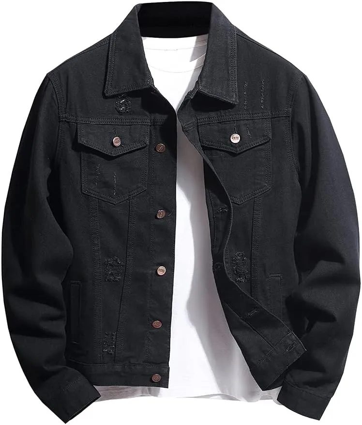 LONGBIDA Men's Jean Jacket Ripped Distressed Denim Trucker Coat with Holes