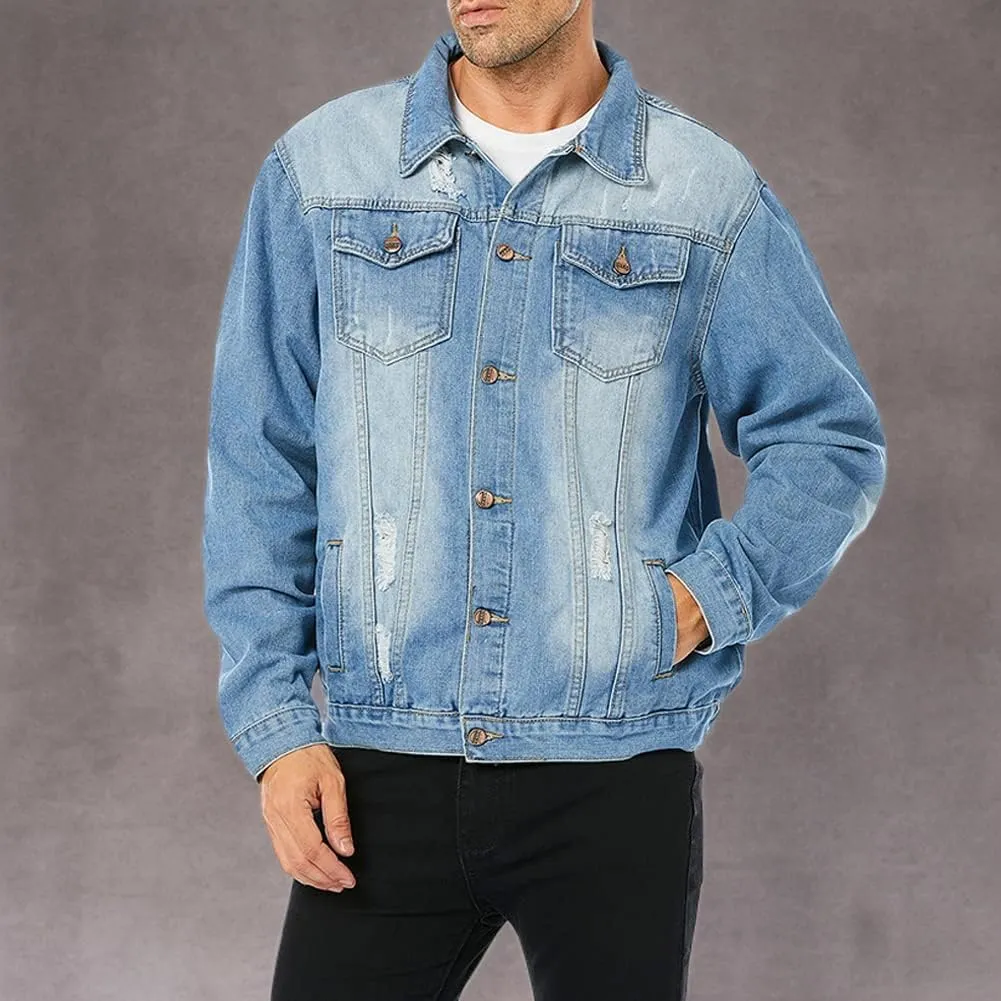 LONGBIDA Men's Jean Jacket Ripped Distressed Denim Trucker Coat with Holes