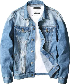 LONGBIDA Men's Jean Jacket Ripped Distressed Denim Trucker Coat with Holes
