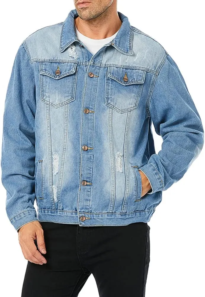 LONGBIDA Men's Jean Jacket Ripped Distressed Denim Trucker Coat with Holes
