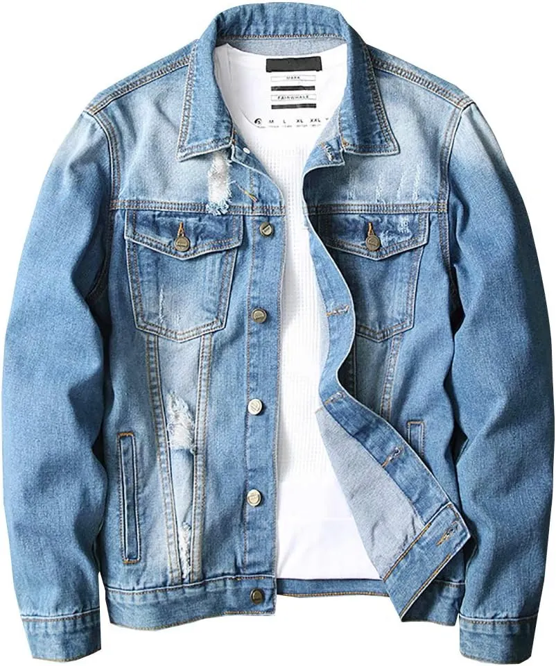 LONGBIDA Men's Jean Jacket Ripped Distressed Denim Trucker Coat with Holes