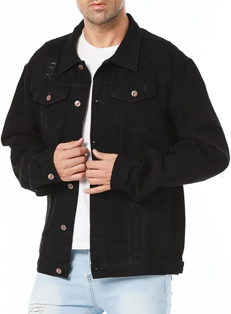 LONGBIDA Men's Jean Jacket Ripped Distressed Denim Trucker Coat with Holes