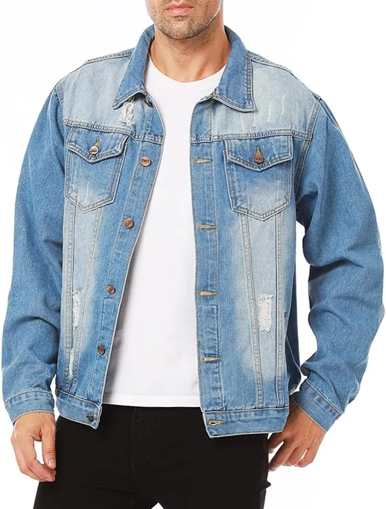 LONGBIDA Men's Jean Jacket Ripped Distressed Denim Trucker Coat with Holes