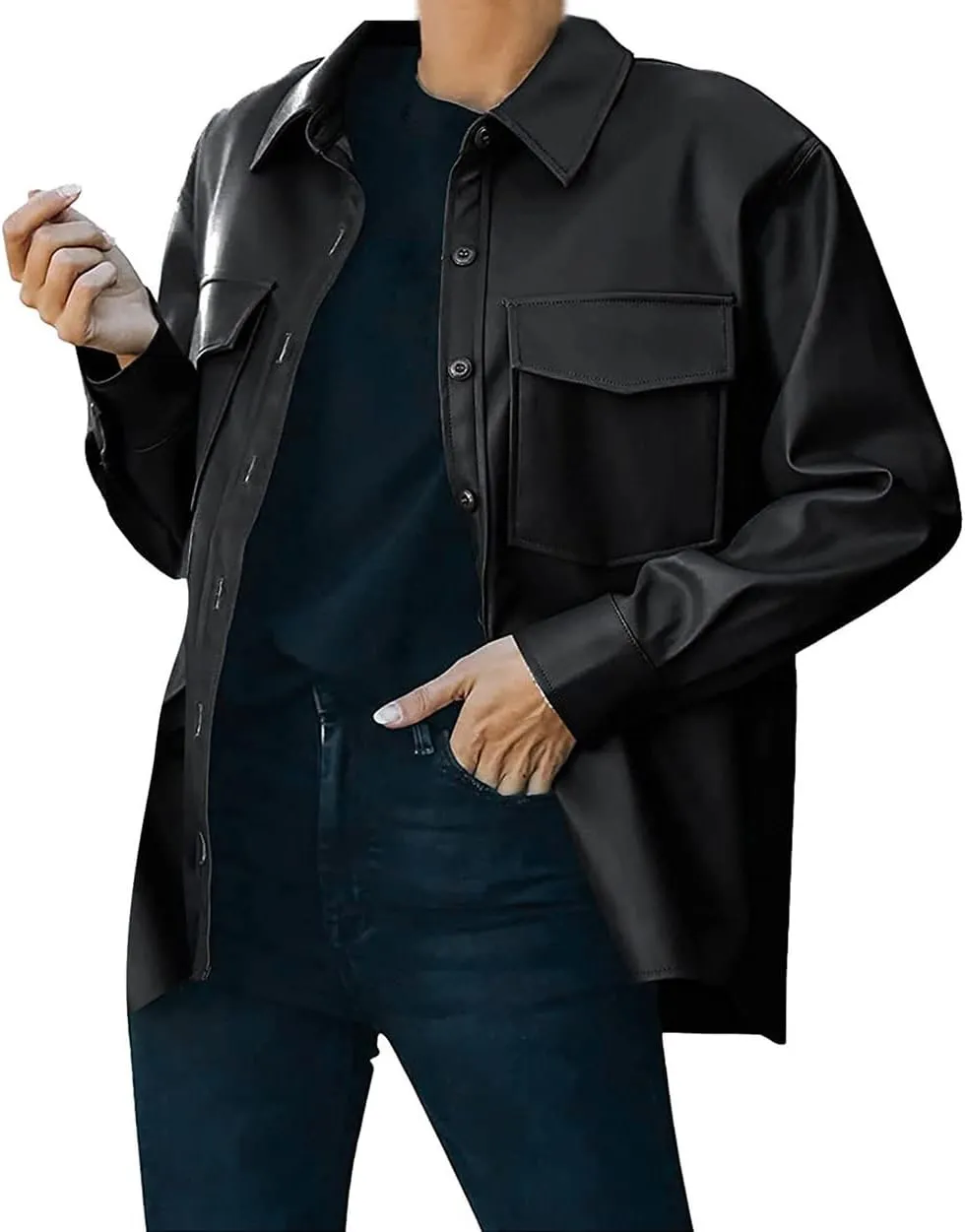loveimgs Women's Casual PU Faux Leather Moto Jacket Button Down Shirt Oversized Shacket with Pocket