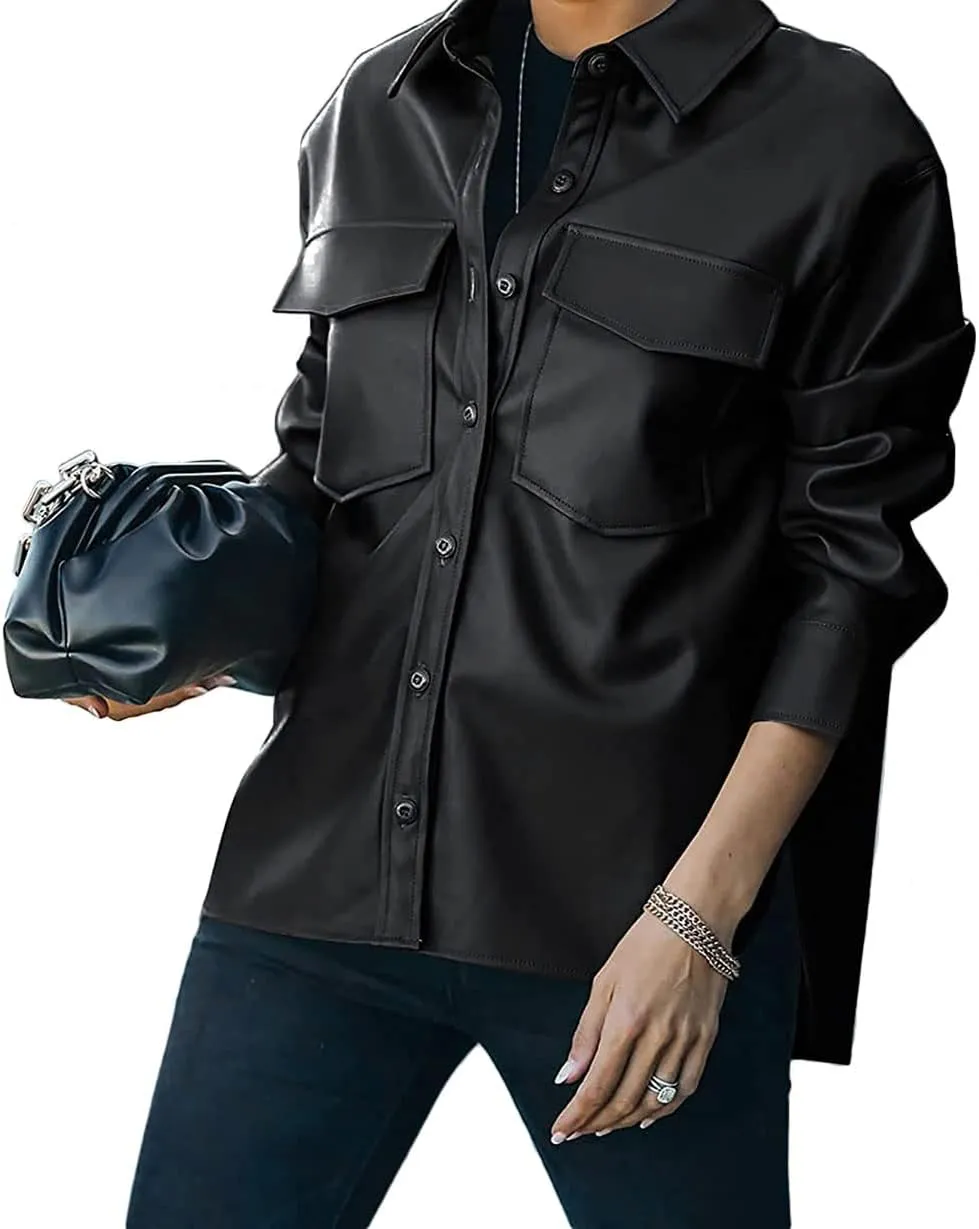 loveimgs Women's Casual PU Faux Leather Moto Jacket Button Down Shirt Oversized Shacket with Pocket