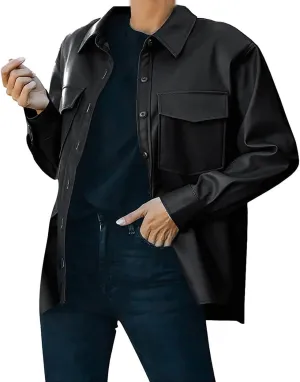 loveimgs Women's Casual PU Faux Leather Moto Jacket Button Down Shirt Oversized Shacket with Pocket