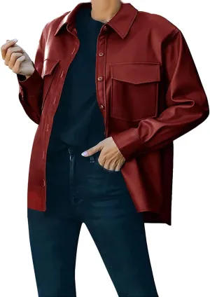 loveimgs Women's Casual PU Faux Leather Moto Jacket Button Down Shirt Oversized Shacket with Pocket