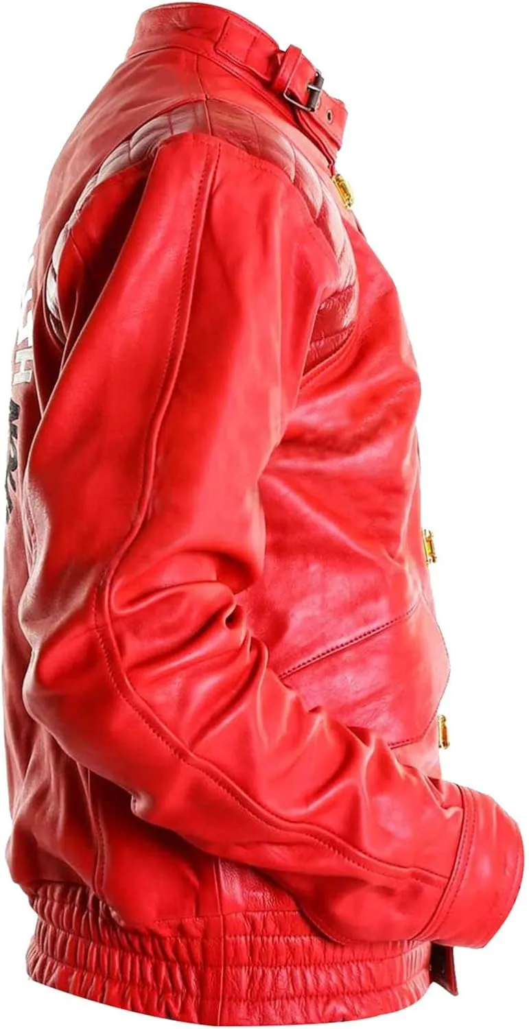 LP-FACON Mens Capsule Logo Pill Biker Bomber Faux Leather Jacket Red/Black