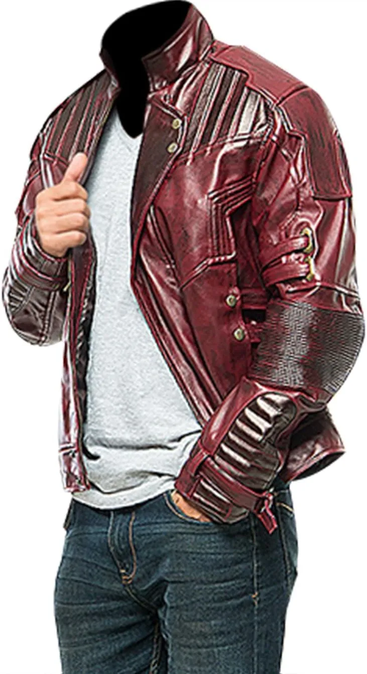 LP-FACON Mens Star Biker Maroon Halloween Cosplay Costume Leather Jacket Faux/Real