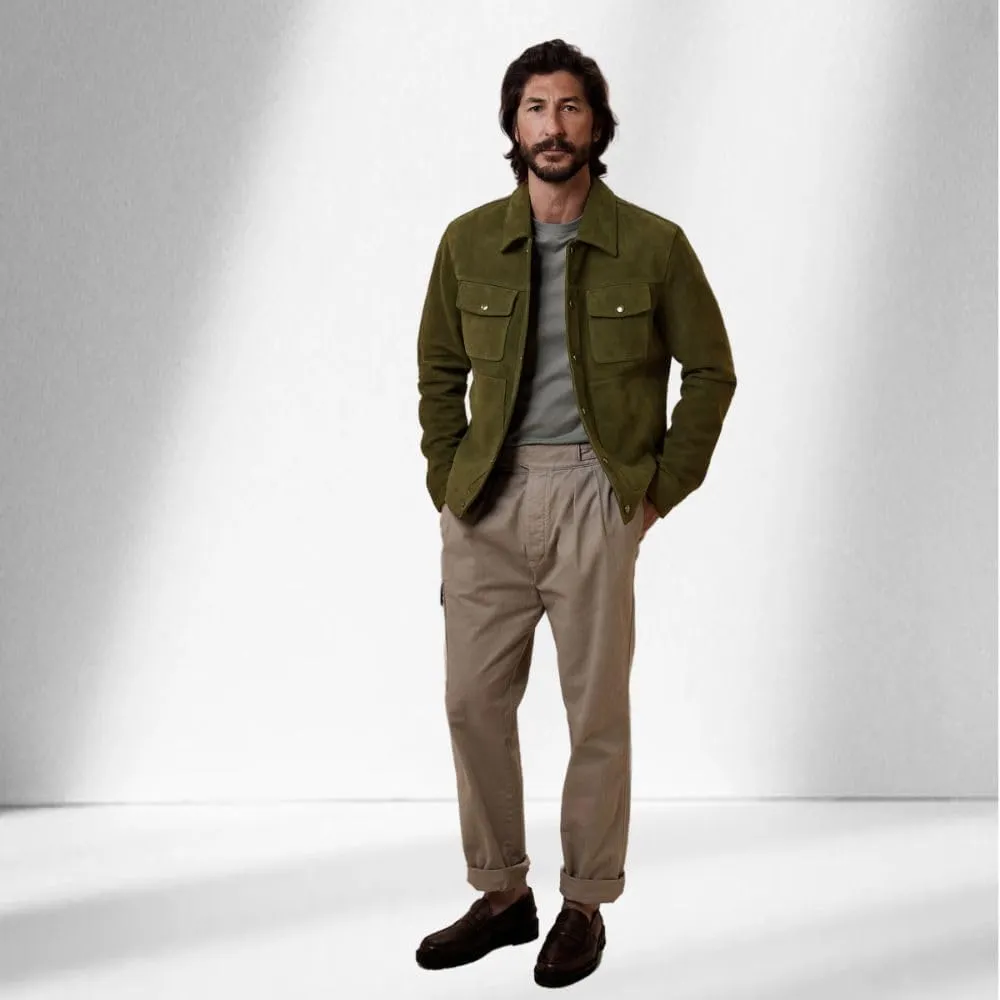 Luis Suede Lambskin Leather Jacket for Men Spread Collar Chest Flap Slant Pockets Button Front Closure for Western Party Wear