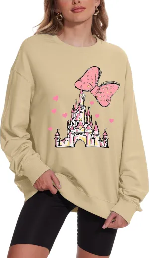 Magic Kingdom Sweatshirts For Women Magical Castle Pullover Bows Graphic Oversized Holiday Long Sleeve Tee Shirt Tops