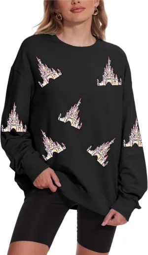 Magic Kingdom Sweatshirts For Women Magical Castle Pullover Bows Graphic Oversized Holiday Long Sleeve Tee Shirt Tops