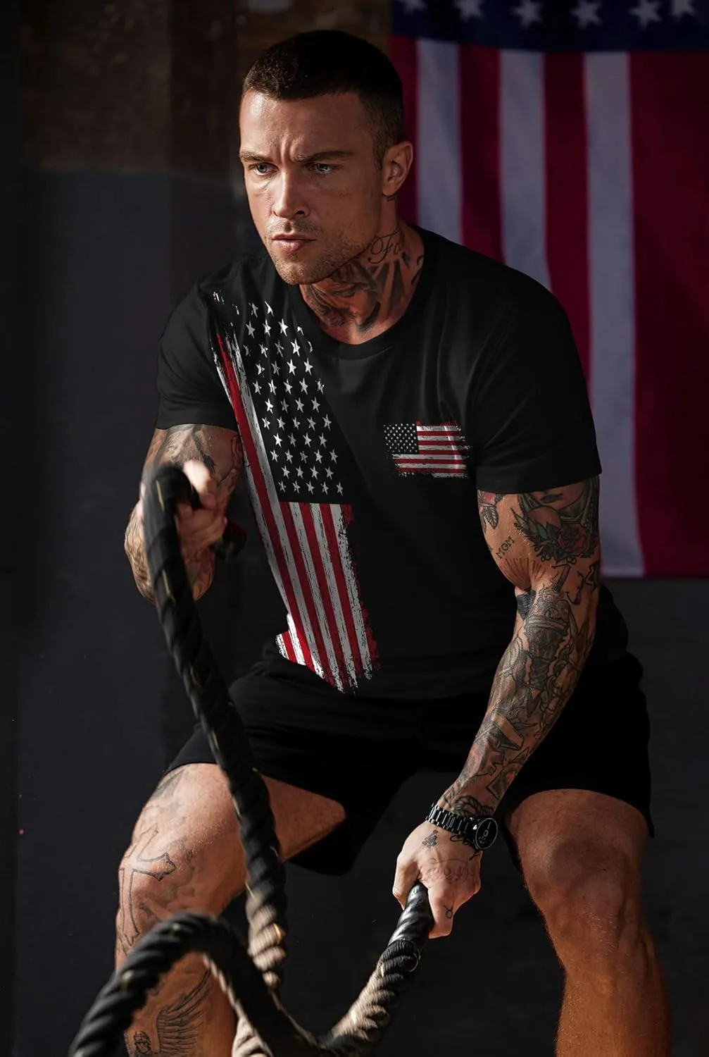Mainfini Men's 4th of July T-Shirt American Flag 1776 Short Sleeve Tshirt (S-3XL)