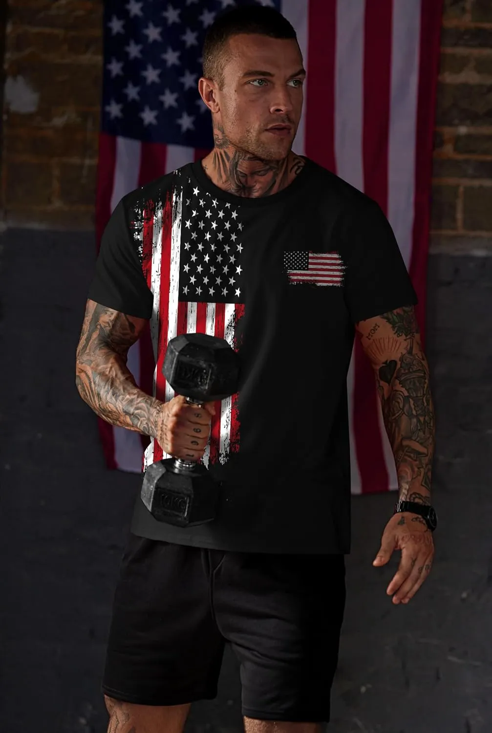 Mainfini Men's 4th of July T-Shirt American Flag 1776 Short Sleeve Tshirt (S-3XL)