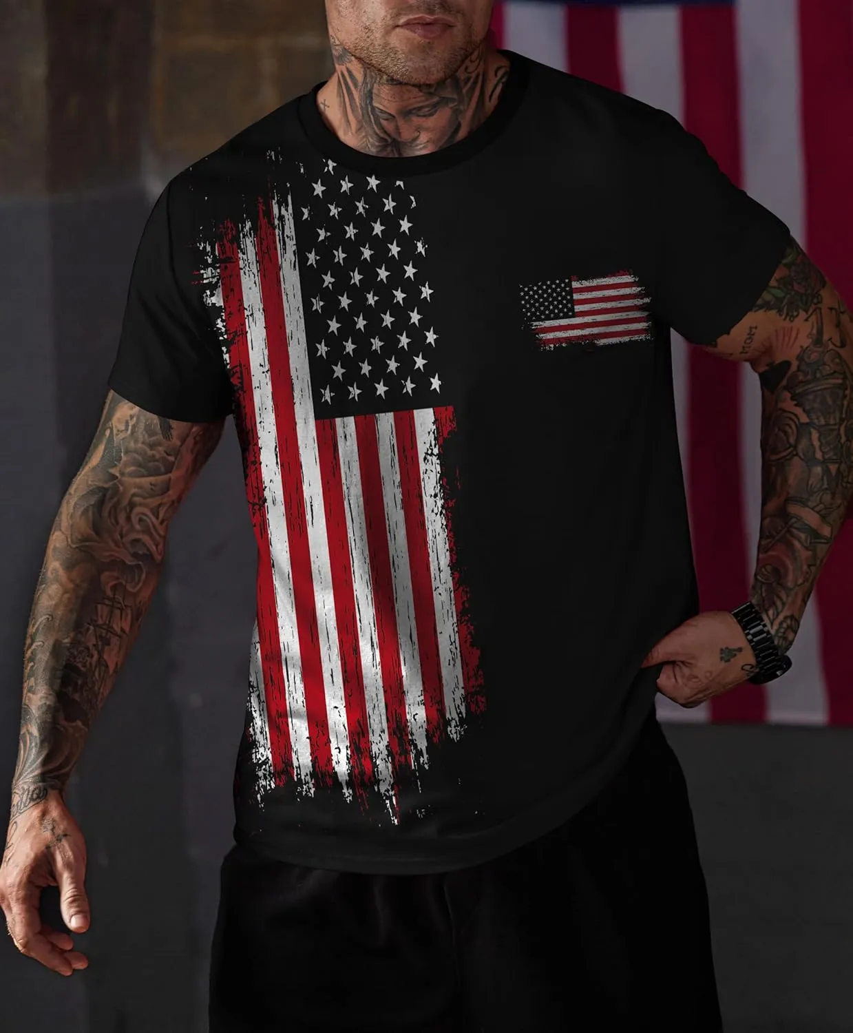Mainfini Men's 4th of July T-Shirt American Flag 1776 Short Sleeve Tshirt (S-3XL)