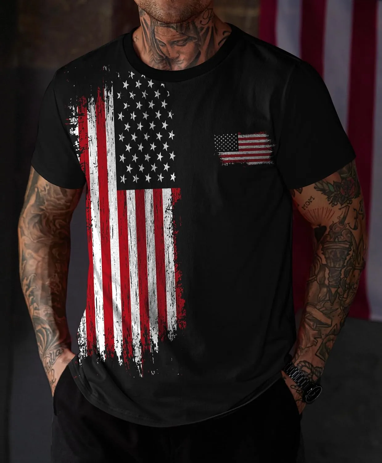 Mainfini Men's 4th of July T-Shirt American Flag 1776 Short Sleeve Tshirt (S-3XL)