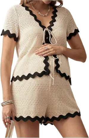 MakeMeChic Women's Maternity 2 Piece Outfits Summer V Neck Short Sleeve Tee Top and Shorts Set