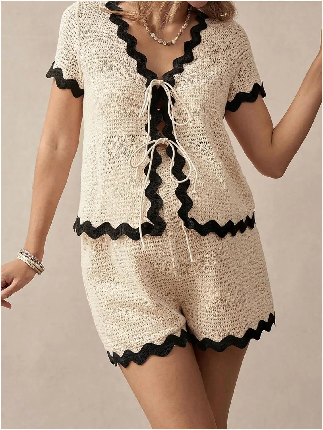 MakeMeChic Women's Maternity 2 Piece Outfits Summer V Neck Short Sleeve Tee Top and Shorts Set