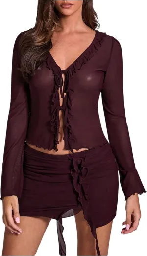 MakeMeChic Women's V Neck Mesh Sheer Floral Lace Tie Front Flare Sleeve Tee Crop Tops