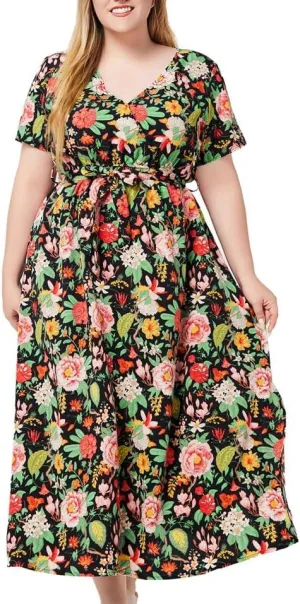 Maxi Dress for Women 2024 Plus Size Short Sleeve V Neck Casual Dress Flowy Midi Dress A Line Summer Dresses A-black, X-Large