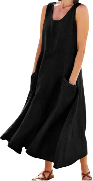 Maxi Dress for Women,2024 Summer Trendy Sleeveless Cotton Linen Dress,Casual Loose Flowy Ruched Sundress with Pockets