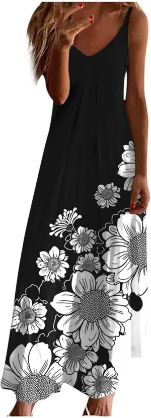 Maxi Dresses for Women 2025 Casual Strappy V Neck Sleeveless Summer Dresses Flowy Pleated Loose Beach Long Dress