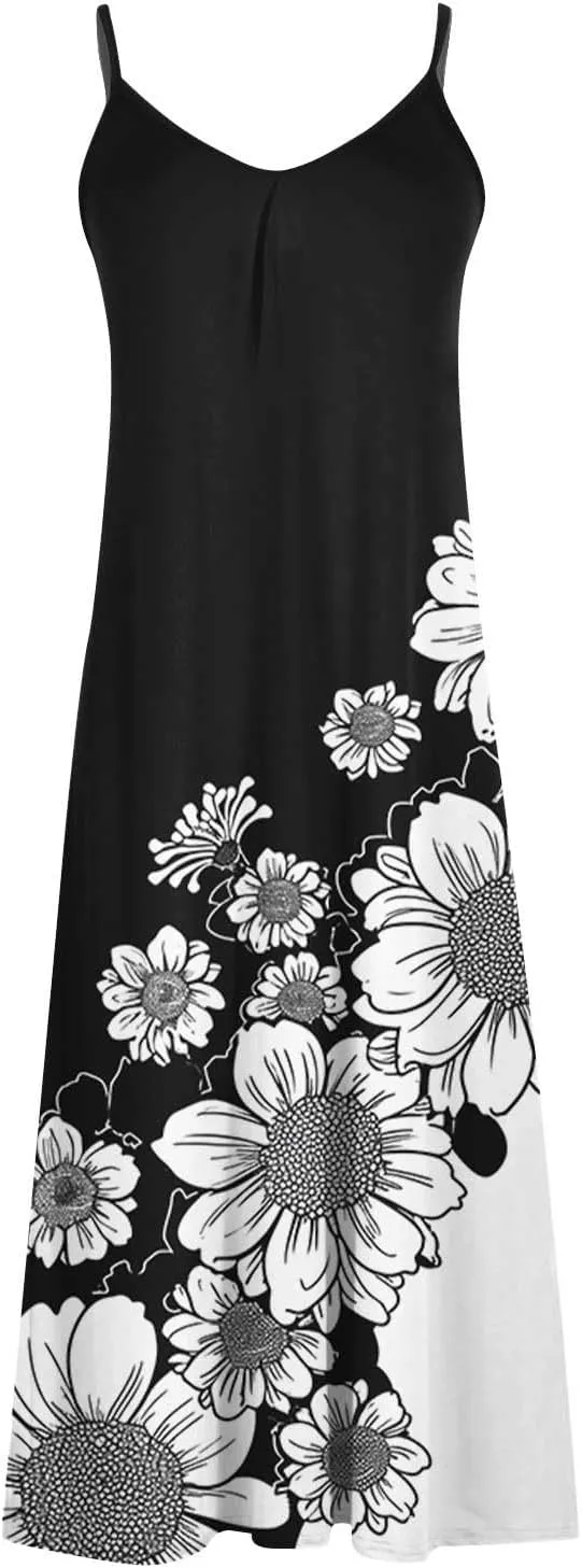 Maxi Dresses for Women 2025 Casual Strappy V Neck Sleeveless Summer Dresses Flowy Pleated Loose Beach Long Dress