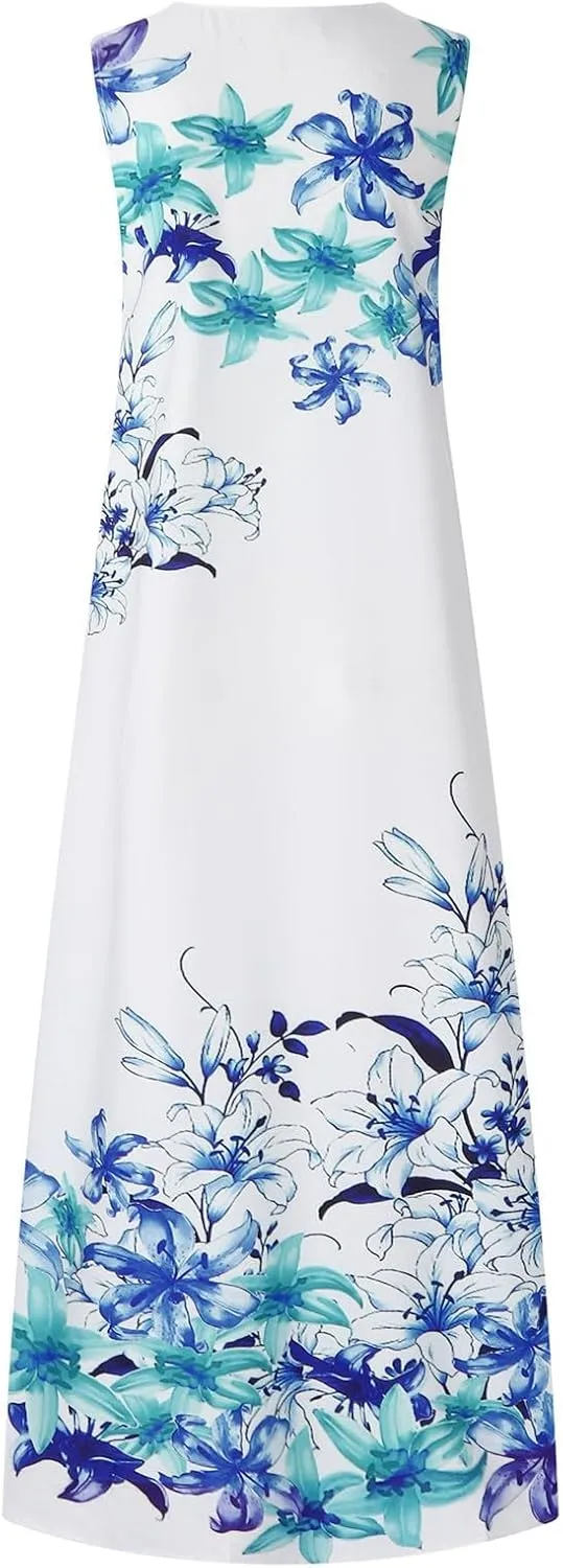 Maxi Dresses for Women 2025 Plus Size,Flowers Sleeveless Summer Floral Long Dress Casual Boho Vacation Beach Dress