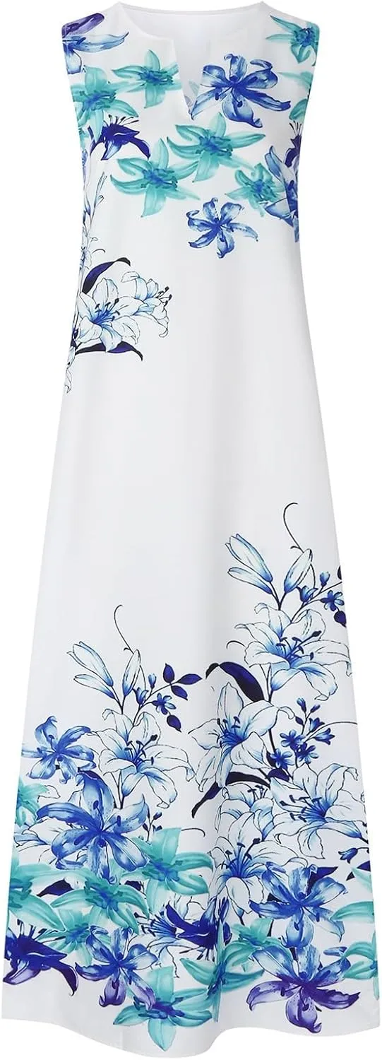 Maxi Dresses for Women 2025 Plus Size,Flowers Sleeveless Summer Floral Long Dress Casual Boho Vacation Beach Dress