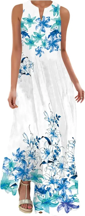 Maxi Dresses for Women 2025 Plus Size,Flowers Sleeveless Summer Floral Long Dress Casual Boho Vacation Beach Dress