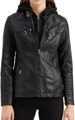Maylrvjv Women's PU Leather Jacket Motorcycle Bomber Jackets Biker Winter Coat with Detachable Hood