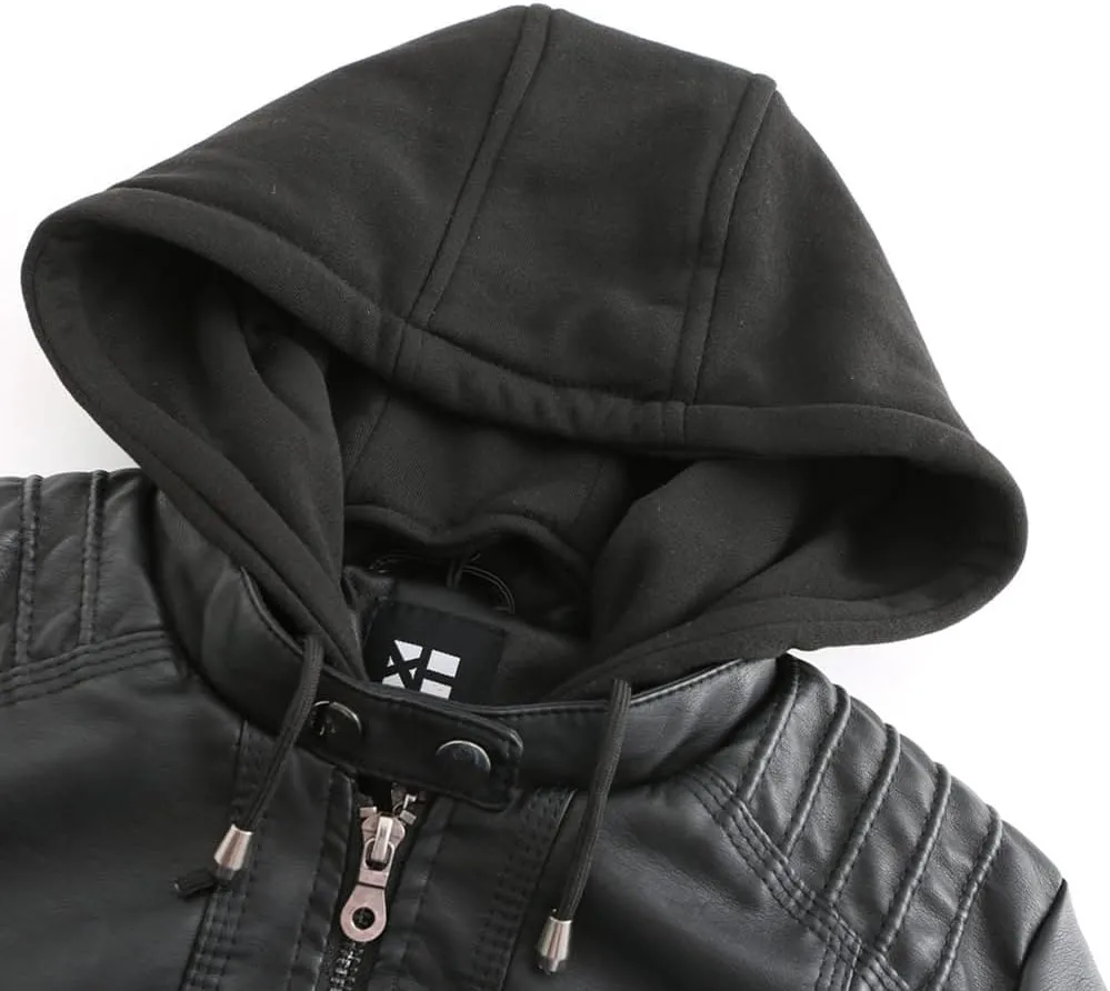 Maylrvjv Women's PU Leather Jacket Motorcycle Bomber Jackets Biker Winter Coat with Detachable Hood