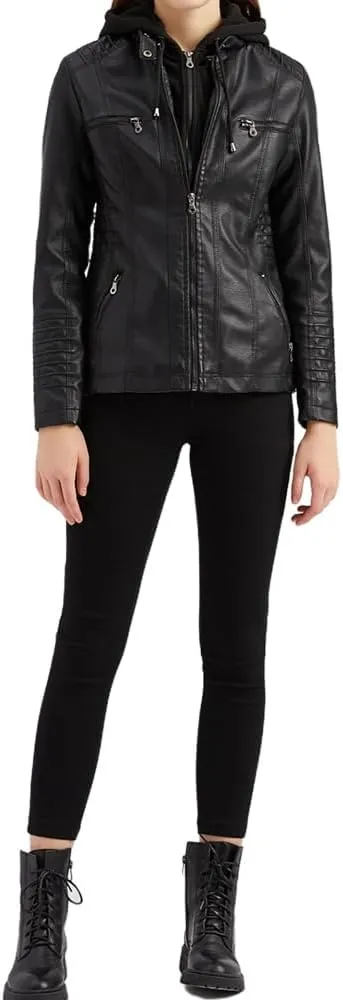 Maylrvjv Women's PU Leather Jacket Motorcycle Bomber Jackets Biker Winter Coat with Detachable Hood