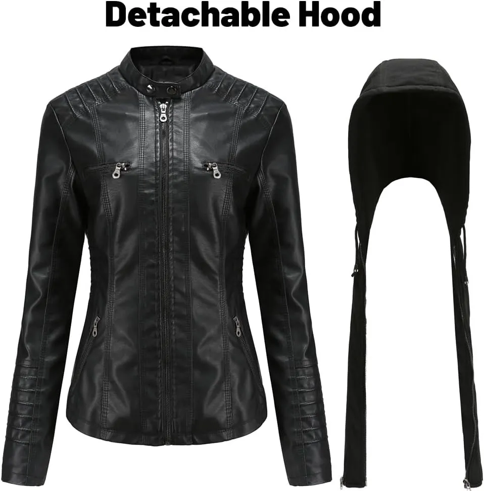 Maylrvjv Women's PU Leather Jacket Motorcycle Bomber Jackets Biker Winter Coat with Detachable Hood
