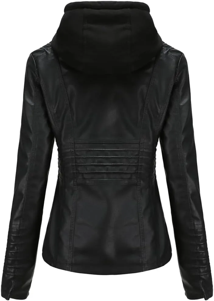 Maylrvjv Women's PU Leather Jacket Motorcycle Bomber Jackets Biker Winter Coat with Detachable Hood